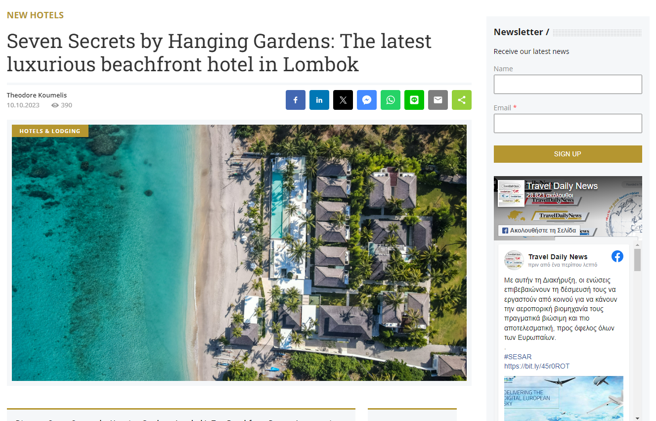 Press and Media Recognition - Travel Daily News - Seven Secrets by Hanging Gardens: The latest luxurious beachfront hotel in Lombok