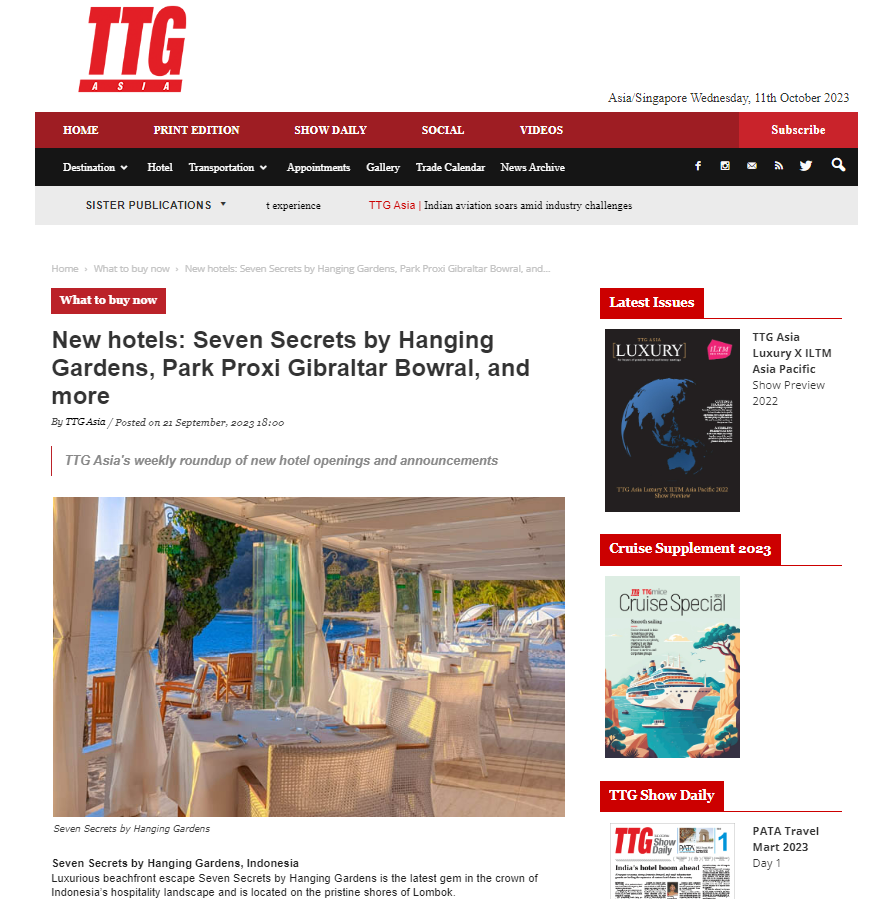Press and Media Recognition - TTG Asia - New hotels: Seven Secrets by Hanging Gardens, Park Proxi Gibraltar Bowral, and more